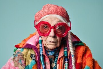 Funny senior woman with a pencil. Portrait of an old lady in pink glasses on a blue background.