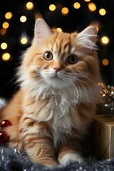 A cute red-haired cat is sitting next to a gift box, bokeh from Christmas lights. 