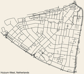 Detailed hand-drawn navigational urban street roads map of the Dutch city of HUIZUM, NETHERLANDS with solid road lines and name tag on vintage background