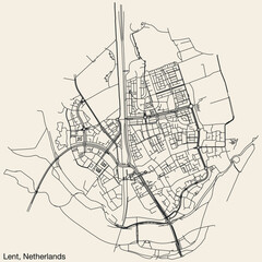 Detailed hand-drawn navigational urban street roads map of the Dutch city of LENT, NETHERLANDS with solid road lines and name tag on vintage background