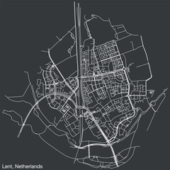 Detailed hand-drawn navigational urban street roads map of the Dutch city of LENT, NETHERLANDS with solid road lines and name tag on vintage background