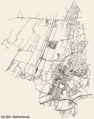 Detailed hand-drawn navigational urban street roads map of the Dutch city of DE BILT, NETHERLANDS with solid road lines and name tag on vintage background