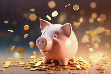 Piggy bank saves a lot of money gold shower coins advertisement wallpaper background