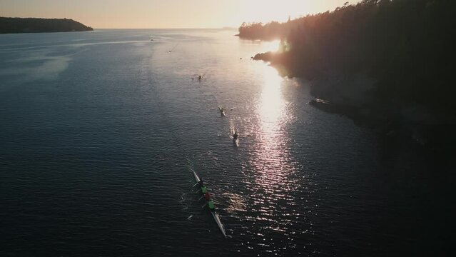 Drone shot of a crew of athletes rowing a boat at sunrise. Halifax, Canada