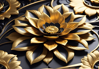 Lutus flower 3d wallpaper for wall frames fractal flowers golden and black liquid marble background. Generative AI