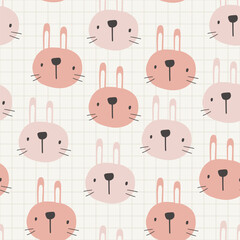 cute hand drawn pink pastel bunny face in scandinavian style on a seamless grid background, kids pattern for wrapping paper, fabric and textile
