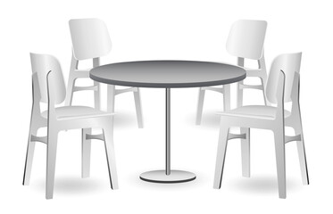 set of realistic trade exhibition chair and table or white blank exhibition kiosk or stand booth corporate commercial. 3D Render