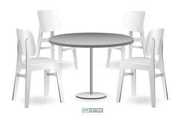 set of realistic trade exhibition chair and table or white blank exhibition kiosk or stand booth corporate commercial. 3D Render