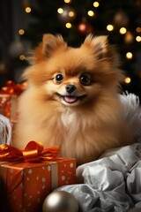 Cute Pomeranian dog next to the gift boxes, Christmas lights. 