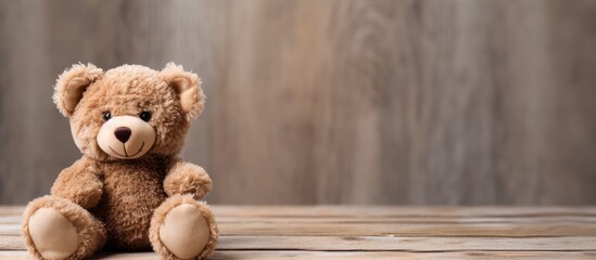 An image showcasing an adorable teddy bear positioned on a vintage wooden surface accompanied by an empty area for written content - obrazy, fototapety, plakaty
