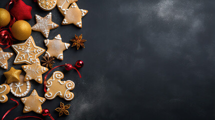 Fototapeta na wymiar Christmas baking background with assorted cookies and sweet treats. Overhead view on a dark stone background. Holiday baking concept.