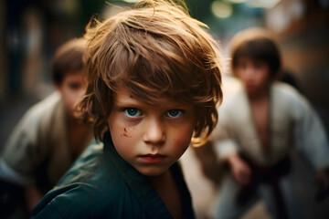 Portrait of a little brutal karate boy on a blurred street background. A child is a judoka, a fighter next to other children. Design for banner, cards, posters. 