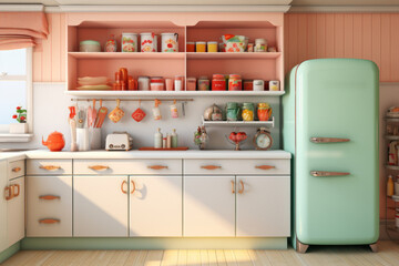 A retro kitchen with pastel-colored appliances and chrome accents, reminiscent of 1950s homemaking. Generative Ai.