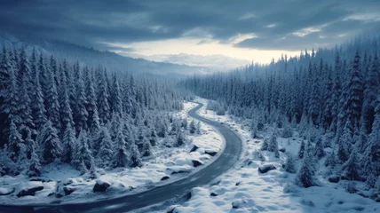 Fotobehang Road in winter forest, aerial view of snowy woods at sunset. Landscape with path, snow, trees and sky. Concept of nature, travel, Siberia, Norway, country, season, flight © scaliger