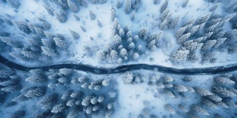 Aerial top view of frozen road in snowy winter woods. Landscape of forest with path, snow and trees. Concept of nature, travel, Siberia, Norway, country, season, flight - obrazy, fototapety, plakaty