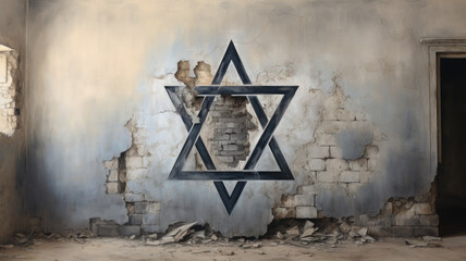 Star of David painted on old damage wall, symbol of Israel and Judaism on vintage broken plaster....
