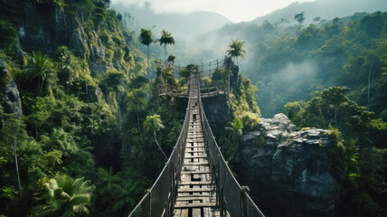 Suspension bridge in jungle, perspective view of hanging wood footbridge in tropical forest. Scenery of trees, mountain and sky in summer. Concept of travel, adventure, nature - obrazy, fototapety, plakaty