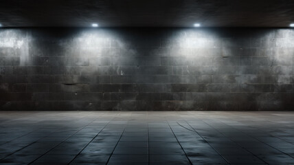 Blank wall mockup in underground parking or city street at night, empty space to display...