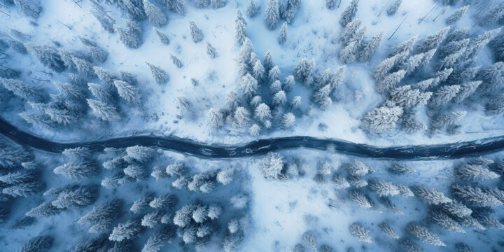 Aerial top view of frozen road in snowy winter woods. Landscape of forest with path, snow and trees. Concept of nature, travel, Siberia, Norway, country, season, flight