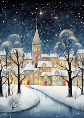 Obraz na płótnie Canvas Winter Christmas illustration with old town, Magical Holiday Charm, Snowy street, horizontal banner, New Year or Christmas Card
