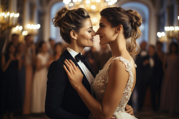 A lesbian couple celebrating their first dance as wives in an elegant ballroom. Generative Ai. - obrazy, fototapety, plakaty