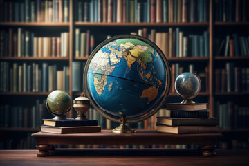 An illustration of a world globe with books symbolizing the universal need for literacy. Generative Ai.