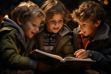 A young boy sharing a book with his friends, encouraging a culture of reading. Generative Ai.