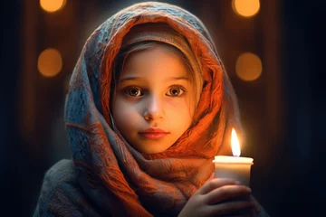 Fotobehang Portrait of a cute, lovely little girl with a headscarf holding a candle in a church © InfiniteStudio