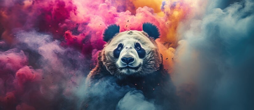A person wearing a Panda mask made of colorfully emitting smoke is a threat to the natural wildlife
