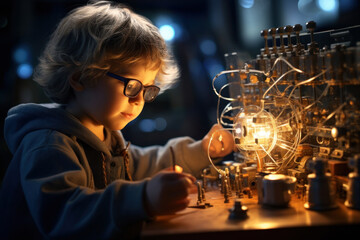 A child experimenting with a simple electrical circuit, representing the importance of education in science. Generative Ai.