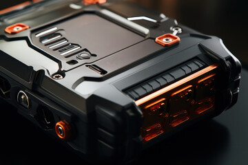 A close-up of a battery pack, symbolizing portable energy storage solutions. Generative Ai.