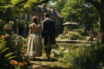 Obraz premium A well-dressed lady and gentleman enjoying a leisurely stroll in a beautifully landscaped 18th-century garden. Generative Ai.