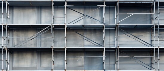 Thoroughly assembling scaffolding for an industrial structure Background design featuring steel and metal bars - obrazy, fototapety, plakaty