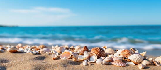 Fototapeta na wymiar In the sunny seashore under the tropical heat many seashells are scattered across the sandy beach creating a picturesque scene against the beautiful backdrop of the sea