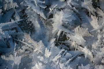 Crystalline frost on river ice grown in severe frost, frosty winter background
