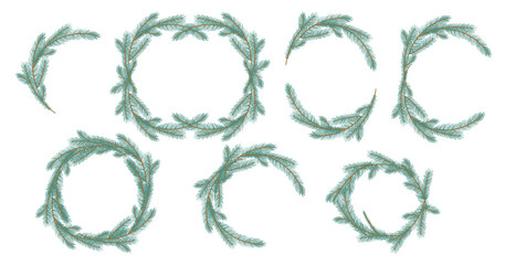 Christmas Fir Tree Wreath Collection. New year green sketch frame with branch. Firtree or pine border set. Xmas spruce decoration hand drawn elements. Cartoon drawing vector illustration