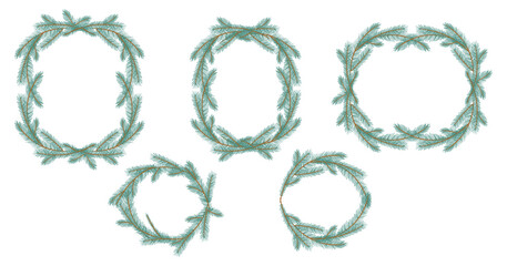 Christmas Fir Tree Wreath Collection. New year green sketch frame with branch. Firtree or pine border set. Xmas spruce decoration hand drawn elements. Cartoon drawing vector illustration