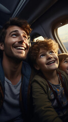 Father and son taking off in an airplane, smiling and happy to travel air travel tourism vertical