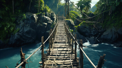 Old suspension bridge across river in jungle, perspective view of rope wood footbridge. Scenery of tropical forest with water. Concept of suspension, travel, adventure, nature