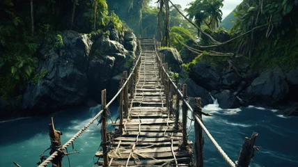 Foto op Plexiglas Old suspension bridge across river in jungle, perspective view of rope wood footbridge. Scenery of tropical forest with water. Concept of suspension, travel, adventure, nature © karina_lo