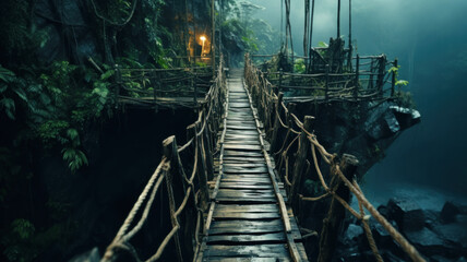 Old suspension bridge in jungle at night, hanging wood footbridge in tropical forest. Scenery of trees, mountain and foliage. Concept of suspension, travel, adventure, nature - obrazy, fototapety, plakaty