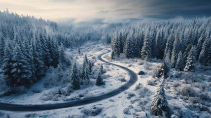 Aerial view of winding road in winter woods at sunset. Landscape of frozen forest with path, snow and trees. Concept of nature, travel, Siberia, Norway, country, season, flight - obrazy, fototapety, plakaty