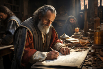 Obraz premium Byzantine scholars translating ancient texts in a scriptorium, exemplifying the preservation of knowledge. Generative Ai.