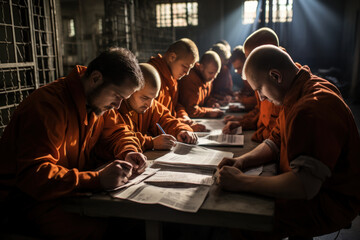 Prisoners working on a prison newspaper, honing their journalistic skills. Concept of prison...