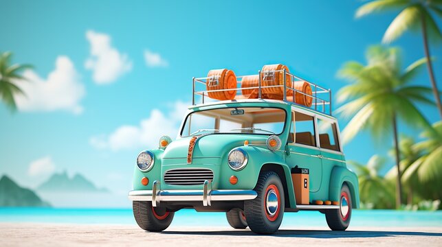 3d illustration retro car, summer beach vacation concept, suitcases and palm tree