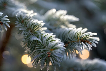 Naklejka na ściany i meble frost covered pine needles, glistening like diamonds in the soft, diffused light of a winter morning, with a bokeh background of twinkling holiday lights, creating a serene and enchanting scene