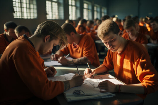 A prison classroom where inmates study various subjects, working toward their educational goals. Concept of education in correctional facilities. Generative Ai.