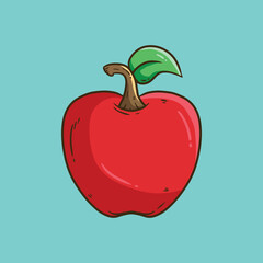 Red Apple Cartoon Vector illustration. Single Red apple with stem and leaf. Cartoon Apple Vector Illustration