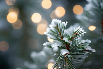 frost covered pine needles, glistening like diamonds in the soft, diffused light of a winter morning, with a bokeh background of twinkling holiday lights, creating a serene and enchanting scene - obrazy, fototapety, plakaty