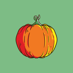 Orange pumpkin vector cartoon illustration. Autumn halloween and thanksgiving pumpkin, vegetable graphic or print, isolated on green background